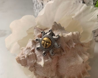 Vintage JJ Jonnette Sun shaped brooch, Vintage Signed JJ silver tone Sun Face brooch/pin.