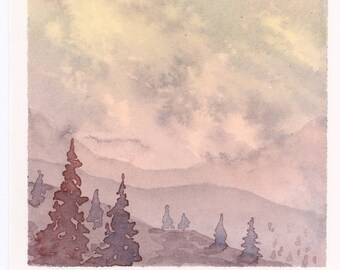 Original Watercolor Mountain Painting - Muscadine Pine - "Mottled" Polaroid