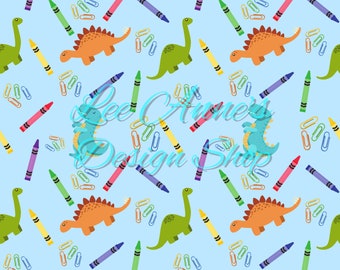 May include: A seamless pattern featuring colorful crayons, paper clips, and cartoon dinosaurs on a light blue background. The dinosaurs are green, orange, and blue.