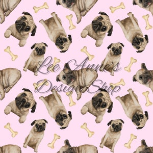 May include: A seamless pattern featuring a repeating design of pugs and bone-shaped dog treats on a light pink background.