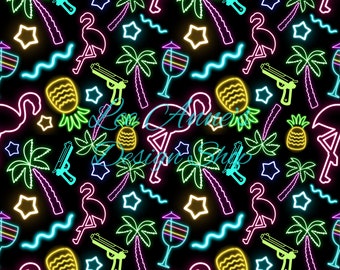 Seamless pattern, neon seamless, neon pattern, neon tropical, tropical seamless, neon palm trees, neon flamingos, pineapples