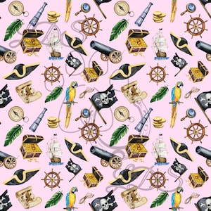 motif sans couture, motif pirate, pirate sans couture, pirates aquarelles, coffre au trésor, perroquet pirate, bateau pirate, carte au trésor, rose pirate