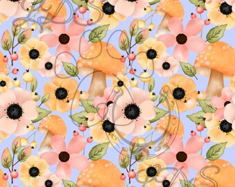 シームレス パターン、キノコの花柄、キノコのシームレス、花のシームレス、花、キノコ