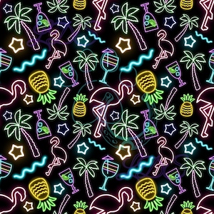 Seamless pattern, neon seamless, neon pattern, neon tropical, neon palm trees, neon flamingos, pineapples, tropical drinks