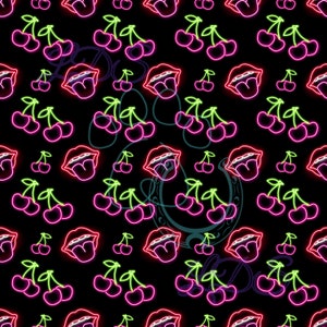 Nahtloses Muster, Neon nahtlos, Neonkirschen nahtlos, Neonlippen, Neonkirschen, Neonmund, Neonlächeln, Neonkirsche, Kirschen