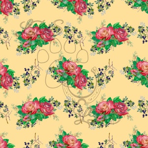 Seamless pattern, floral seamless pattern, rose pattern, roses and blueberry bush, watercolor roses, blueberry bush, rose bouquet pattern