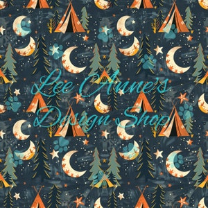 May include: A seamless pattern featuring a dark blue background with orange, yellow, and white tents, moons, stars, and trees. The pattern is perfect for fabric, wallpaper, or other creative projects.
