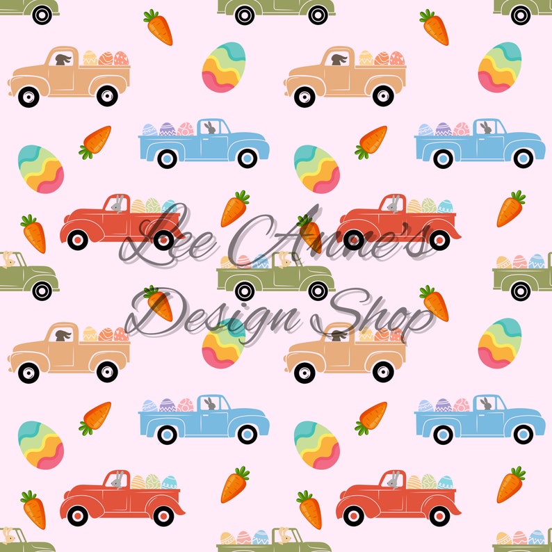 May include: A repeating pattern featuring colorful Easter eggs, orange carrots, and vintage trucks in shades of tan, blue, red, and green. The trucks are filled with decorated eggs, and the background is light pink.