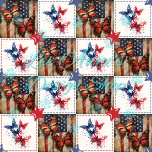 Op de afbeelding: Een patriottisch ontwerp met rode, witte en blauwe vlinders tegen een achtergrond van de Amerikaanse vlag. Het ontwerp bevat een herhalend patroon van vlinders en vlagafbeeldingen, met steraccenten.