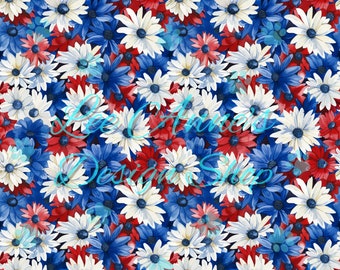Patrón sin costuras, 4 de julio sin costuras, floral sin costuras, floral patriótico sin costuras, margaritas rojas, blancas y azules, floral del 4 de julio