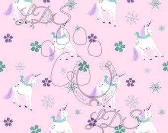 May include: A seamless pattern featuring white unicorns wearing teal scarves on a pink background. The unicorns are surrounded by snowflakes and green and purple flowers.