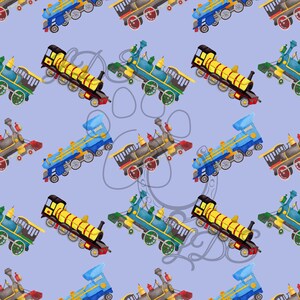 Puede incluir: Un patrón sin costuras que presenta una variedad de trenes de juguete coloridos sobre un fondo azul claro. Los trenes son de diferentes estilos y colores, incluyendo azul, amarillo, rojo y verde.