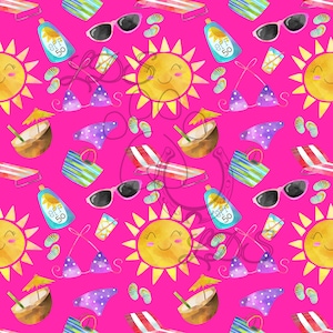 Seamless pattern, Summer seamless, summer watercolor, beach, pool, laying out, summer girly, bikini top pattern, tropical drink, pink