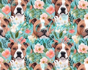 Seamless pattern, watercolor pit bull  seamless, floral pit bull seamless, pit bull pattern