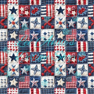 Op de afbeelding: Een patchworkquilt met een herhalend patroon van vierkanten in rood, wit en blauw. Elke vierkant heeft geborduurde sterren, bloemen en geometrische ontwerpen. De tekst "Lee Howard Design Shop" is zichtbaar.