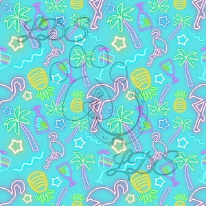 Seamless pattern, neon seamless, neon pattern, neon tropical, neon palm trees, neon flamingos, pineapples, tropical drinks