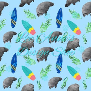 May include: A seamless pattern featuring manatees, surfboards, and palm fronds on a light blue background. The manatees are grey and have a cartoonish appearance. The surfboards are blue, yellow, and pink. The palm fronds are green.
