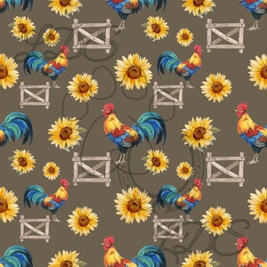 Seamless pattern, Rooster seamless, rooster pattern, farm animals seamless, Flowers seamless, sunflowers