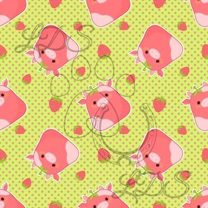 May include: A seamless pattern featuring pink strawberry-shaped cows with white spots on a green background with pink polka dots.