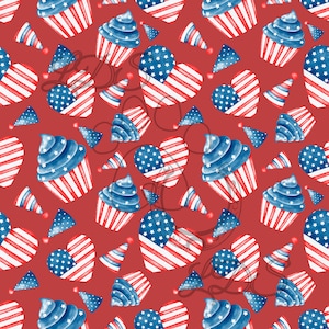 Fourth of July seamless pattern, seamless pattern, watercolor Fourth of July, hearts, cupcakes, holiday, Independence Day, Stars and Stripes