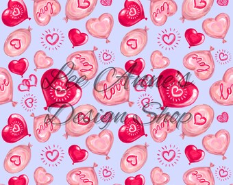 May include: A repeating pattern of pink and red heart-shaped balloons and hearts on a light blue background. Some balloons have the word "Love" written on them. The design includes a variety of heart shapes and sizes.