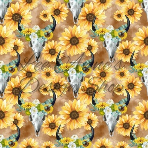 Seamless pattern, western seamless pattern,  sunflower seamless, Western floral seamless, cow skull seamless, western watercolor seamless