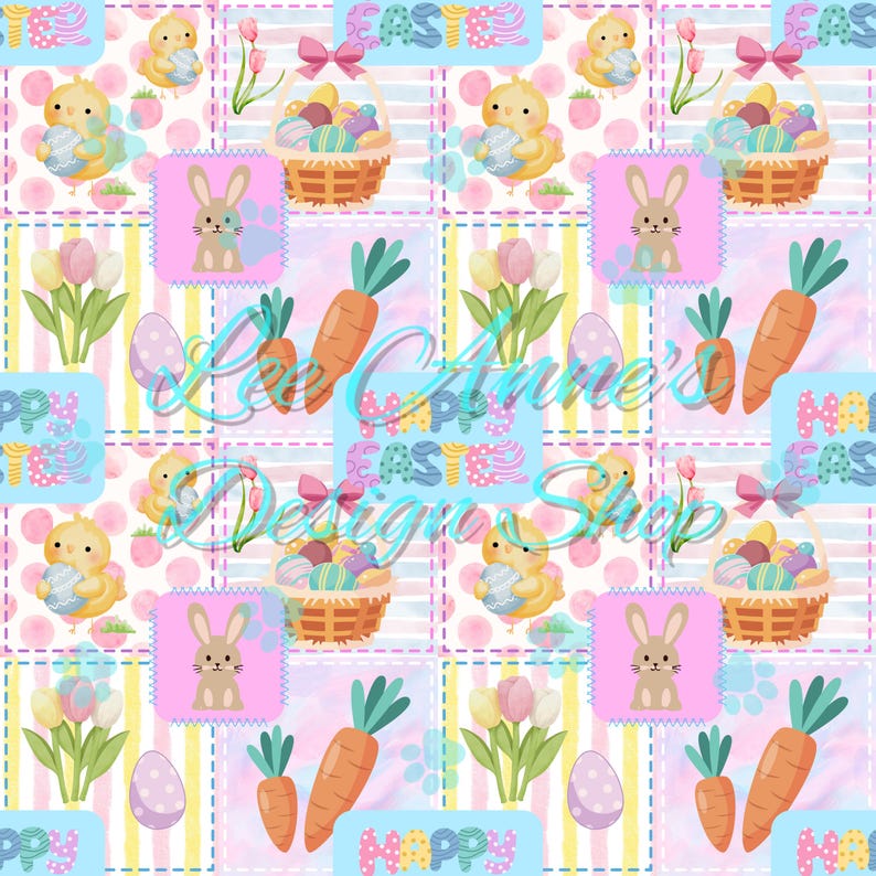 May include: A seamless pattern featuring a patchwork design with various Easter-themed elements, including chicks, bunnies, carrots, eggs, and the text "Happy Easter". The pattern is in a pastel color palette with pink, blue, yellow, and green.