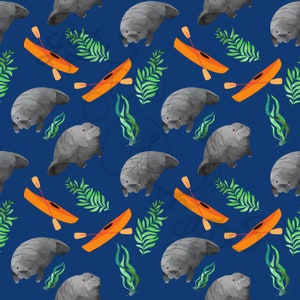 May include: A seamless pattern featuring grey manatees swimming in a blue background with orange kayaks and green seaweed.
