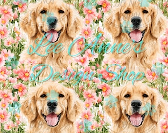 Seamless pattern, watercolor golden retriever  seamless, floral golden retriever seamless, golden retriever pattern