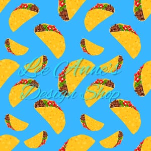 May include: A seamless pattern featuring yellow and brown cartoon tacos on a light blue background. The tacos are filled with ground beef, lettuce, and tomato.
