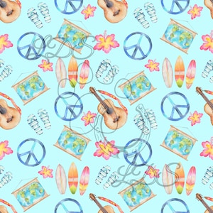 Nahtloses Muster, Sommer nahtlos, Sommer Aquarell, Gitarren Muster, Peace Zeichen Muster, tropisches Muster, Weltkarte, Surfbretter, Strand