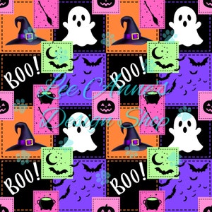 Peut inclure: Un motif sans couture présentant un design en patchwork avec divers éléments d'Halloween, notamment des fantômes, des chapeaux de sorcières, des citrouilles, des chauves-souris, des chaudrons et le mot "BOO!" dans une variété de couleurs, notamment orange, rose, violet, vert et noir.