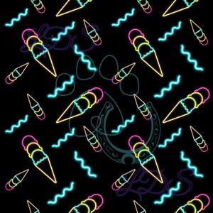 May include: Neon pink, yellow, and blue ice cream cones with three scoops of ice cream on a black background. The ice cream cones are outlined in neon colors and have a wavy pattern behind them.