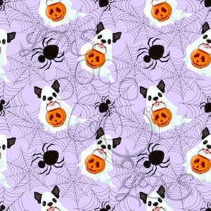 Puede incluir: Un patrón sin costuras que presenta un lindo chihuahua de dibujos animados vestido como un fantasma que sostiene un cubo de calabaza. El fondo es de color morado claro con telarañas negras.