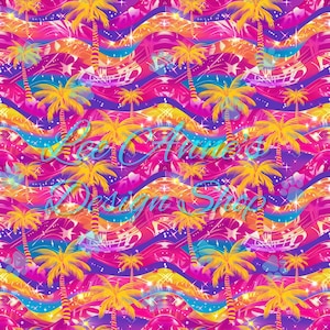 patrón sin costuras, palmeras rosadas sin costuras, tropical sin costuras, olas del océano, palmera de neón, nado seguro sin costuras, verano sin costuras, puesta de sol