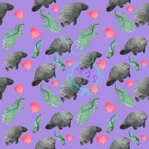 May include: A seamless pattern featuring cartoon manatees, hearts, and seaweed on a purple background. The manatees are gray and have a cartoonish appearance. The hearts are pink and the seaweed is green.