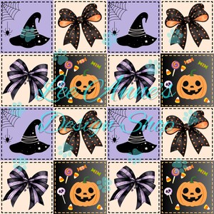 Può includere: Motivo ripetuto a tema Halloween. Include cappelli da strega neri, fiocchi arancioni e neri a pois, fiocchi a righe viola e neri, zucche, caramelle e ragnatele. La tavolozza dei colori è nero, arancione, viola e crema.