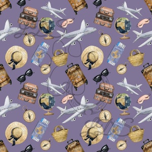 patrón sin fisuras, Patrón de viaje, Patrón de vacaciones, Viajar sin fisuras, avión, maleta, brújula, globo terráqueo mundial, pasaporte, mapas del mundo