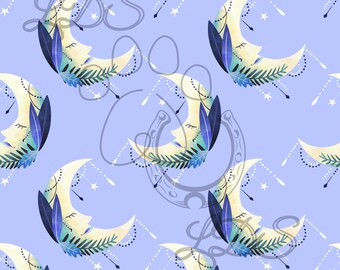May include: A seamless pattern featuring a crescent moon with a sleeping face, surrounded by blue and green foliage, white beads, and stars on a light blue background.