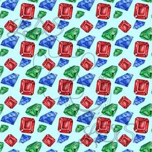 May include: A seamless pattern featuring red, blue, and green gemstones on a light blue background. The gemstones are arranged in a repeating pattern, creating a vibrant and colorful design.