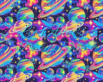 Seamless pattern, rainbow planets seamless, neon rainbows space seamless, neon galaxy seamless