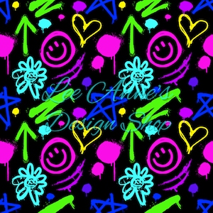 Könnte beinhalten: Ein nahtloses Muster mit verschiedenen neonfarbenen Formen und Symbolen auf schwarzem Hintergrund. Die Formen umfassen Sterne, Herzen, Pfeile, Blumen und Smiley-Gesichter. Das Muster erinnert an Graffiti-Kunst.