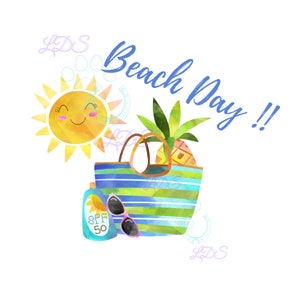 Può includere: Un'illustrazione ad acquerello di una borsa da spiaggia con un ananas, occhiali da sole e crema solare. La borsa è blu e verde con strisce bianche. Il sole sorride e il testo dice "Beach Day!!"