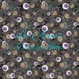 May include: A repeating pattern featuring dark gray flowers with gold centers and stylized eyeballs. The background is black. The text "Lee Ance's Design Shop" is in a teal script across the image.