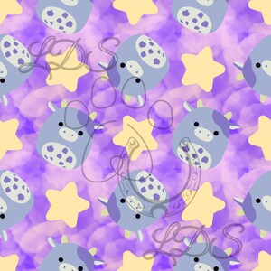 May include: A seamless pattern featuring purple and pink tie-dye background with blue cartoon cows and yellow stars.