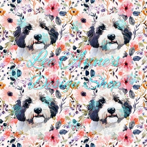 May include: A seamless pattern featuring watercolor illustrations of white dogs with black and brown markings, surrounded by pink, purple, blue, and yellow flowers. The background is a light cream color.