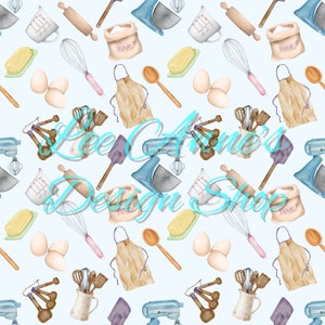May include: A seamless pattern featuring watercolor illustrations of baking supplies on a light blue background. The pattern includes a whisk, rolling pin, measuring cups, mixing bowls, flour sacks, wooden spoons, an apron, and a stand mixer.