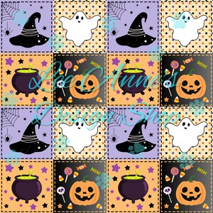 Op de afbeelding: Een herhalend patroon met Halloween-thema vierkanten. Elk vierkant bevat een heksenhoed, een spook, een ketel en een pompoen. Het kleurenpalet omvat zwart, oranje, paars en wit, met accenten van snoep en sterren. Het algemene thema is griezelig en feestelijk.