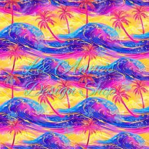 patrón sin costuras, palmeras rosadas sin costuras, tropical sin costuras, olas del océano, palmera de neón, nado seguro sin costuras, verano sin costuras, puesta de sol