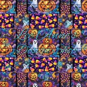 May include: A seamless pattern featuring a patchwork design of various Halloween elements. The pattern includes jack-o'-lanterns, candy corn, ghosts, and crescent moons on a dark purple background.